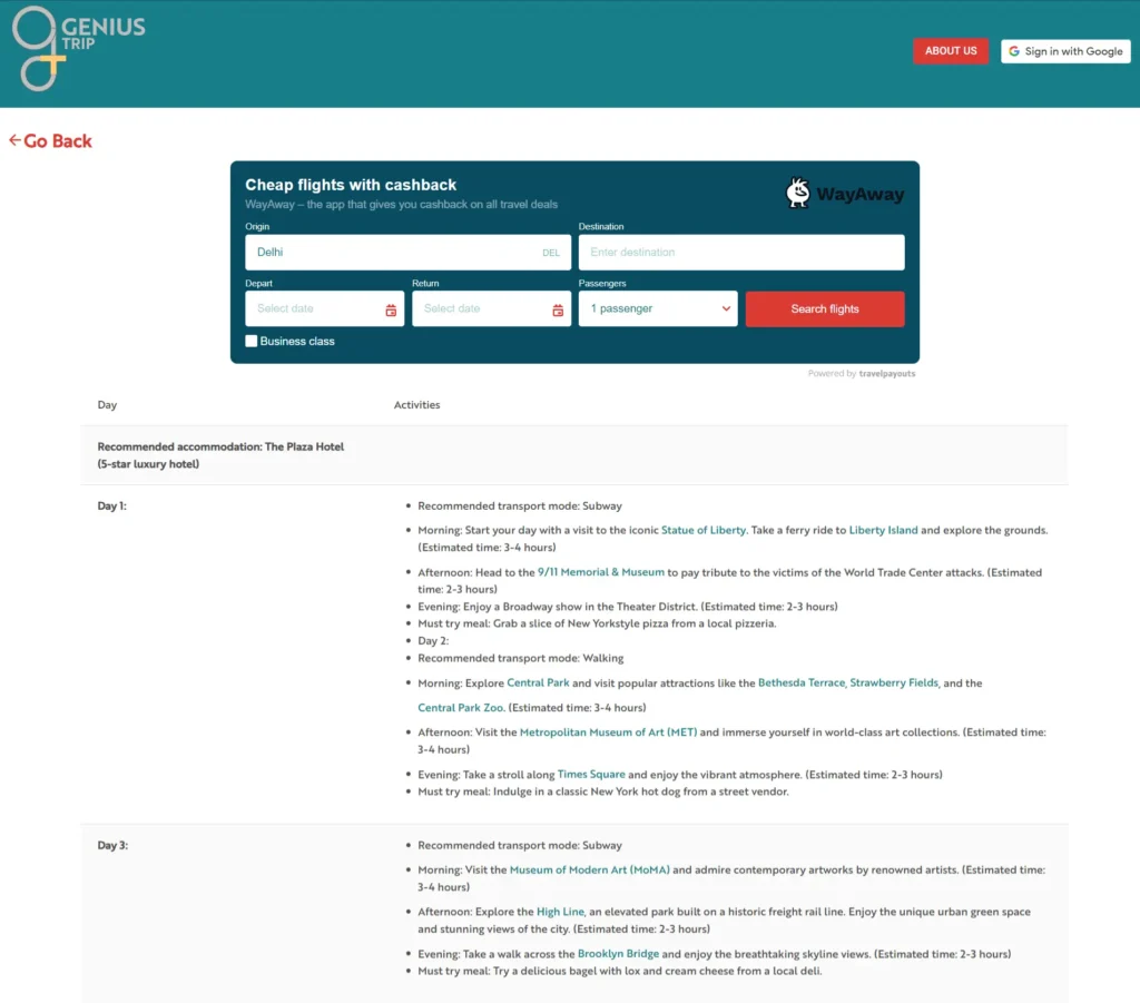 Geniustrip.ai itinerary